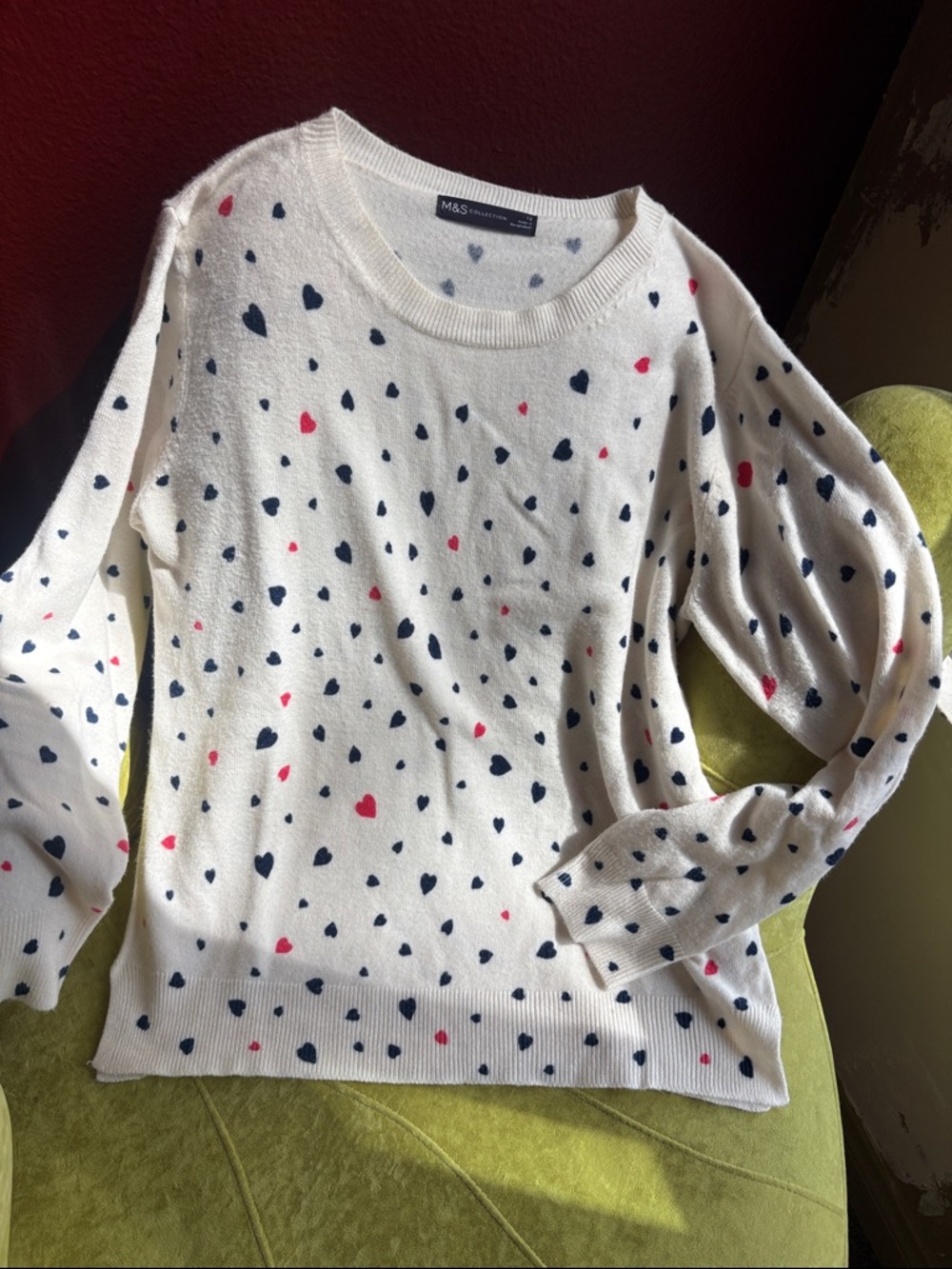 M&S Cream Sweater with Navy & Pink Heart Print - 12